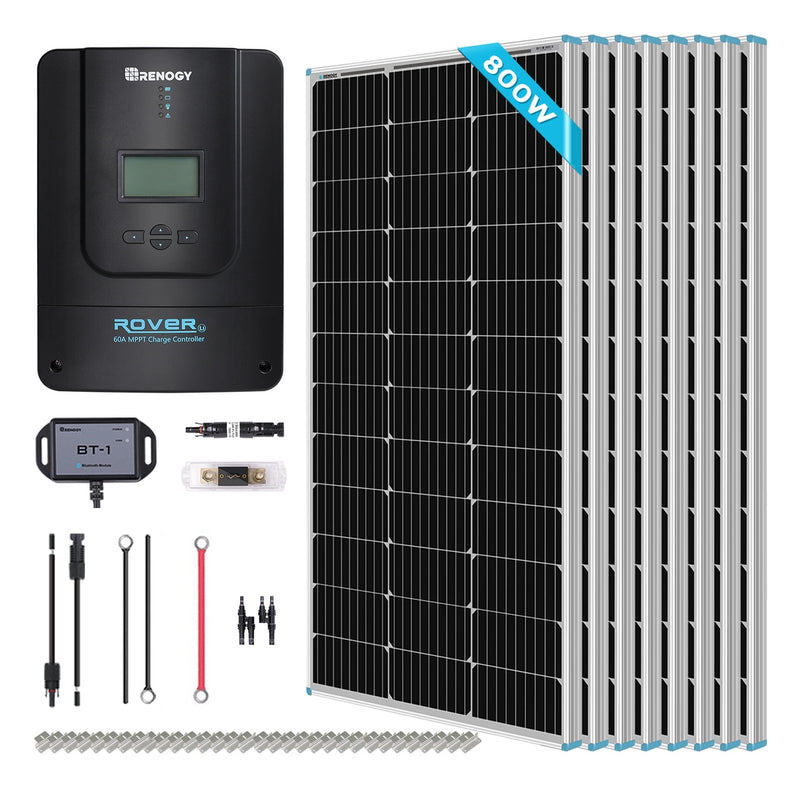The Renogy 800W 12V/24V Monocrystalline Solar System w/Rover 60A Charger Controller - A Complete Kit (including wiring and electrical specs)