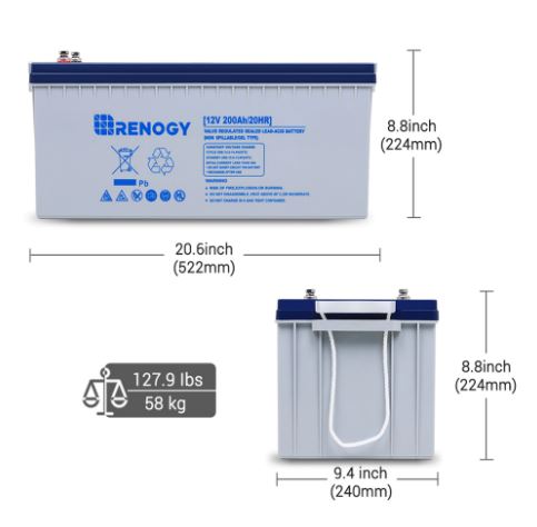 The Renogy Deep Cycle Hybrid Gel Battery 12 VOLT, 200AH  - Manufactured with gel suspended electrolyte and advanced valve regulated technology