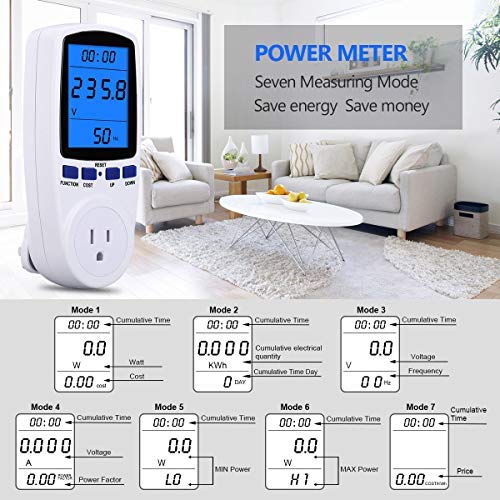 Upgraded Night Vision Power Meter Plug, Power Consumption Monitor Energy Voltage Amps Electricity Usage Monitor Digital LCD Display, Overload Protection, 7 Display Modes for Energy Saving, Watt Meter