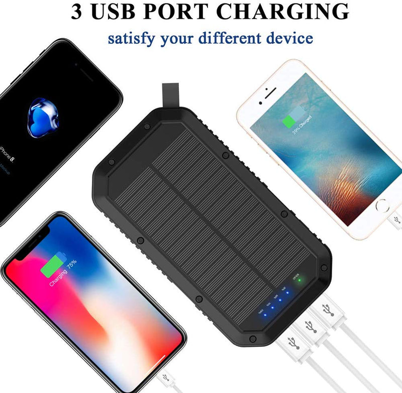 Solar Charger, 25000mAh Battery Solar Power Bank Portable Panel Charger with 36 LEDs and 3 USB Output Ports External Backup Battery for Camping Outdoor for iOS Android (Black)