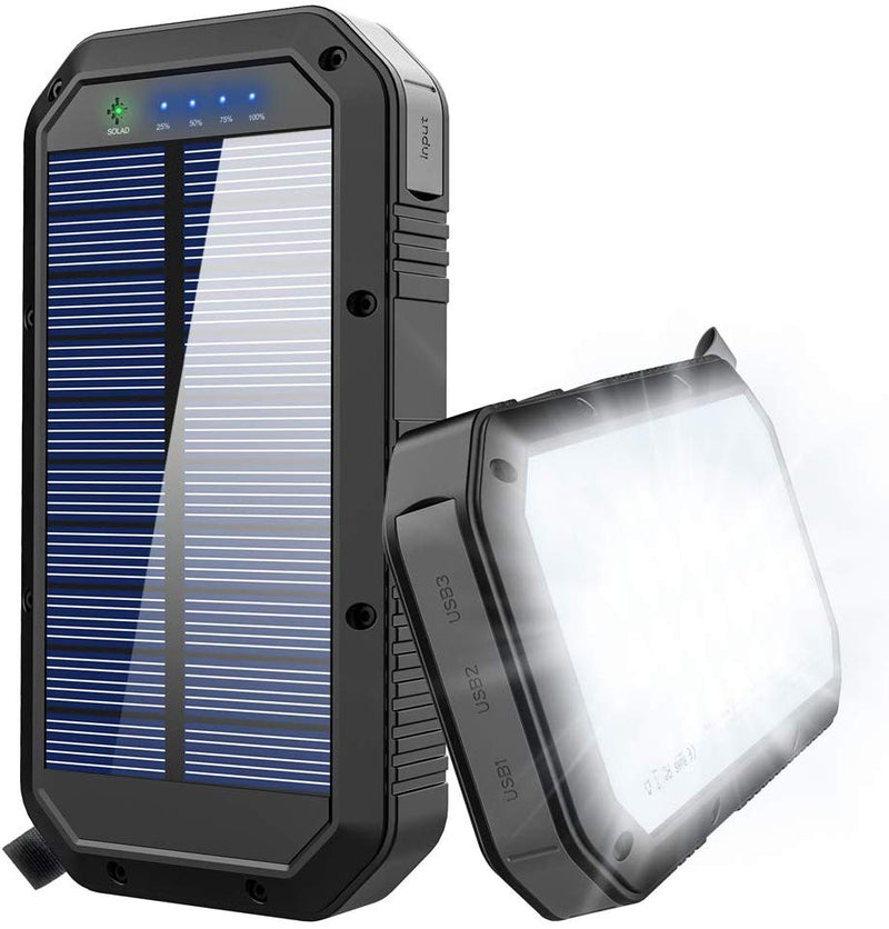 Solar Charger, 25000mAh Battery Solar Power Bank Portable Panel Charger with 36 LEDs and 3 USB Output Ports External Backup Battery for Camping Outdoor for iOS Android (Black)