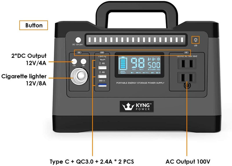 Kyng Power Solar Generator Portable Power Station 540Wh 1000w Peak Lithium Battery Back Up Power Supply Emergency, CPAP, Outdoors, Camping, Silent Generator Rechargeable Inverter, 4 USB, AC Outlet