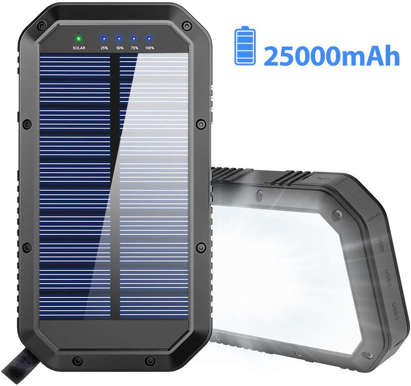 Solar Charger, 25000mAh Battery Solar Power Bank Portable Panel Charger with 36 LEDs and 3 USB Output Ports External Backup Battery for Camping Outdoor for iOS Android (Black)