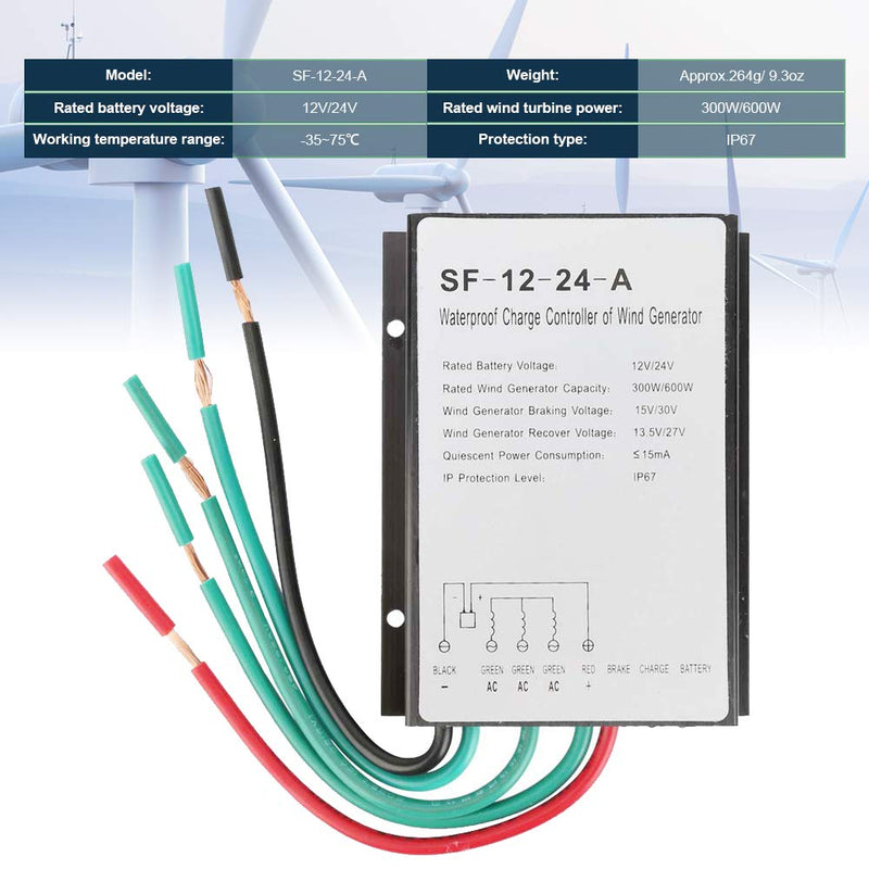 Wind Charge Controller 12V/24V 300W/600W,Waterproof Wind Turbine Generator Charge Controller Regulator,LED Display auto Wind Power Charge Regulator SF-12-24-A