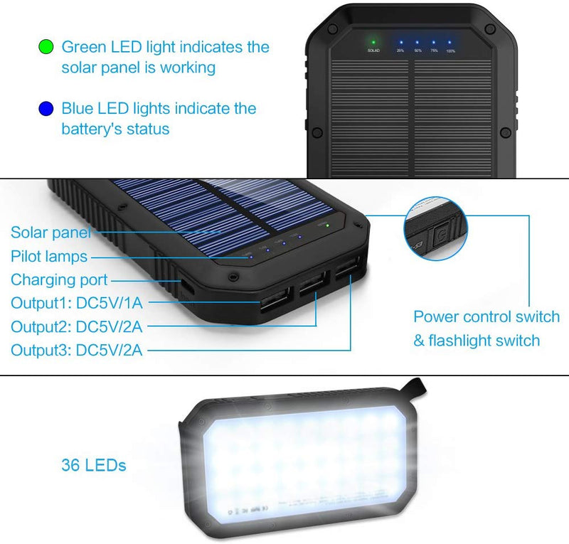 Solar Charger, 25000mAh Battery Solar Power Bank Portable Panel Charger with 36 LEDs and 3 USB Output Ports External Backup Battery for Camping Outdoor for iOS Android (Black)
