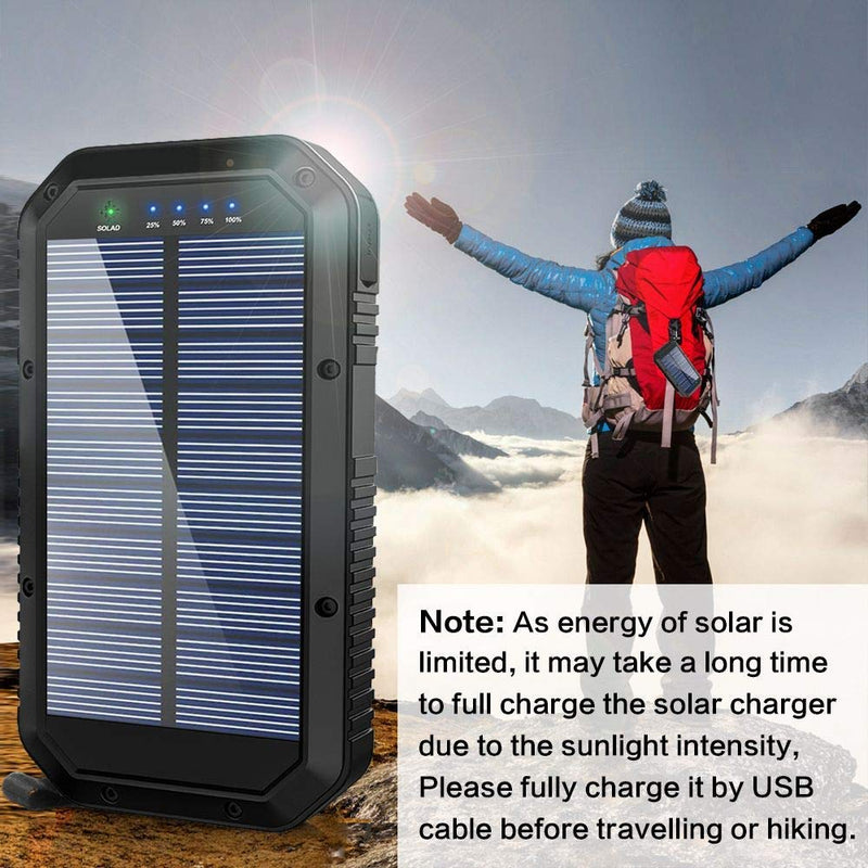 Solar Charger, 25000mAh Battery Solar Power Bank Portable Panel Charger with 36 LEDs and 3 USB Output Ports External Backup Battery for Camping Outdoor for iOS Android (Black)