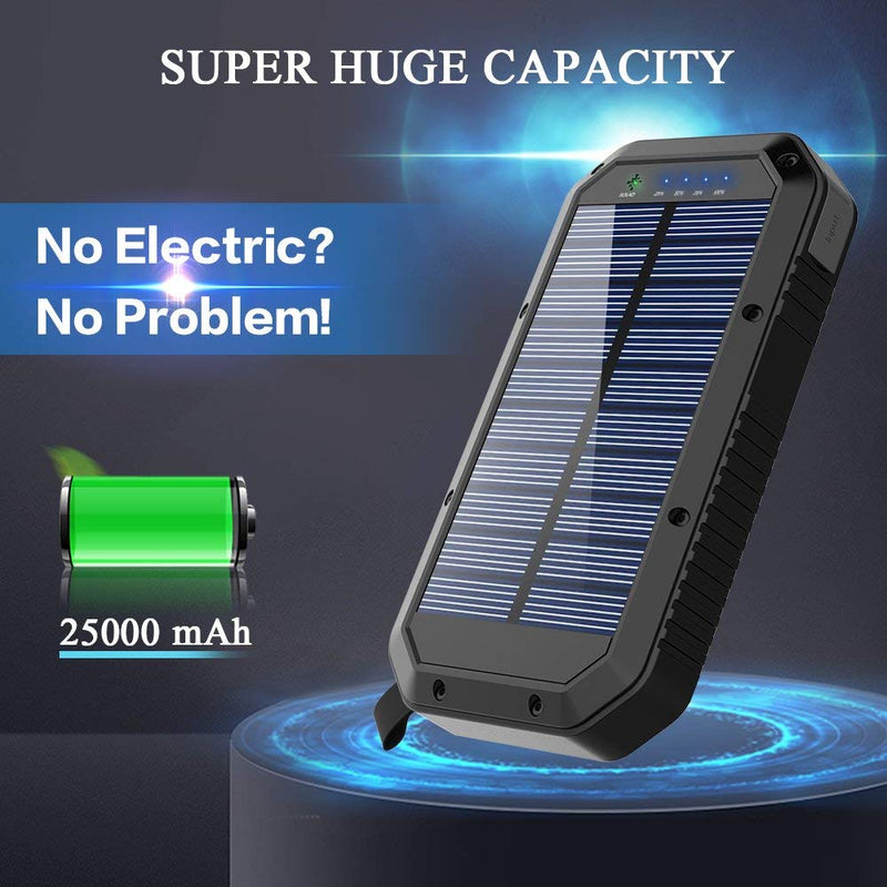 Solar Charger, 25000mAh Battery Solar Power Bank Portable Panel Charger with 36 LEDs and 3 USB Output Ports External Backup Battery for Camping Outdoor for iOS Android (Black)