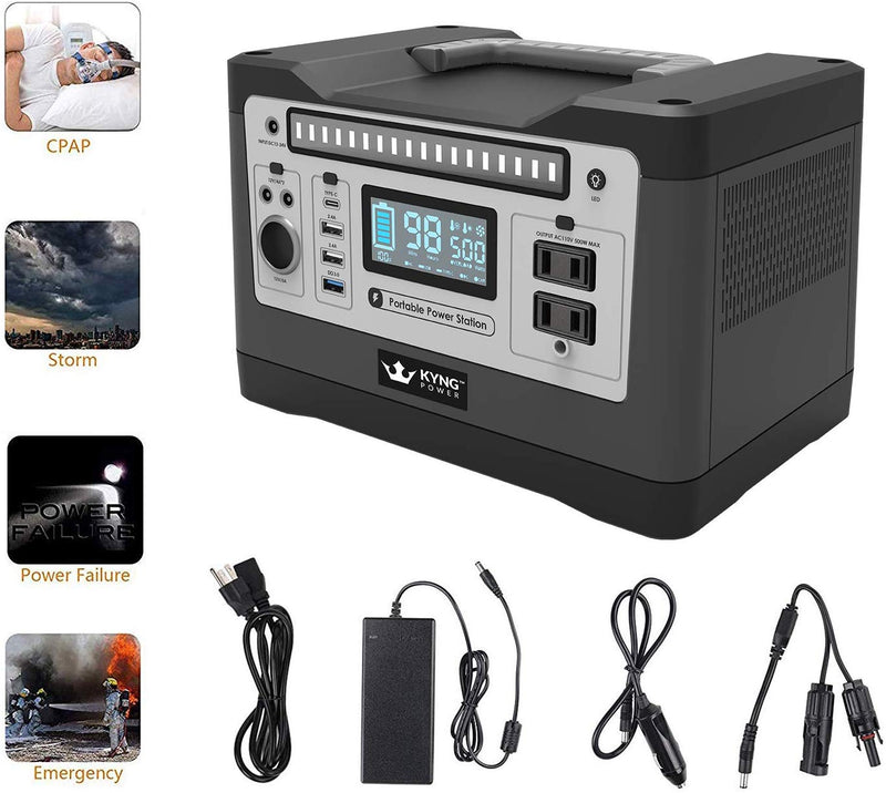 Kyng Power Solar Generator Portable Power Station 540Wh 1000w Peak Lithium Battery Back Up Power Supply Emergency, CPAP, Outdoors, Camping, Silent Generator Rechargeable Inverter, 4 USB, AC Outlet