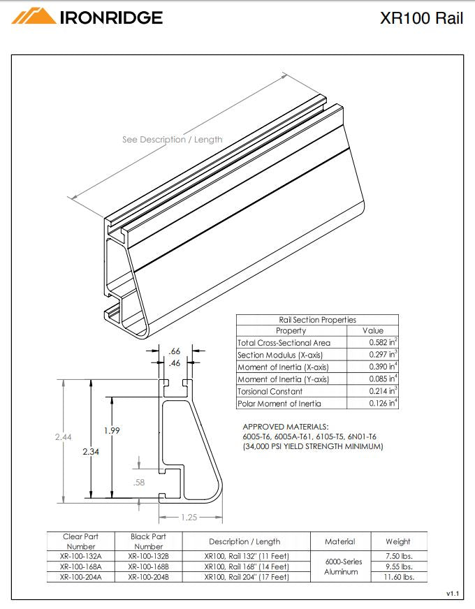 IRONRIDGE XR-100 RAIL, 14 FOOT SECTION, BLACK