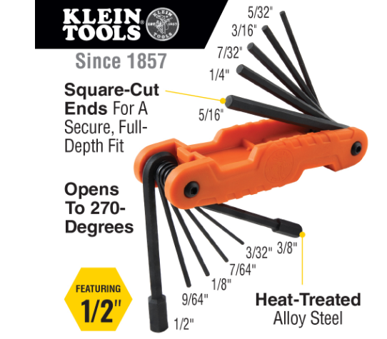 Folding Hex Key Set, 11 Fractional Inch-Sized Keys