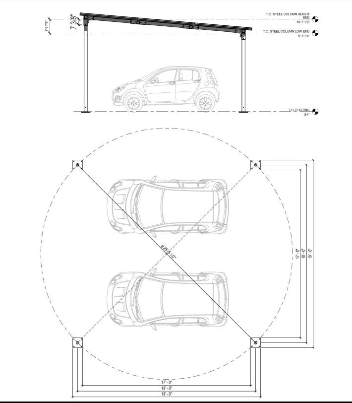 The Blikir Solar Carport / Canopy with a five degree tilt and capacity for 24 panels. With no heavy machinery necessary and with only two people, it can easily and quickly be installed