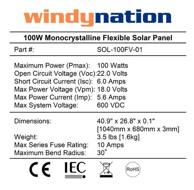 WindyNation 100 Watt 12 volt Monocrystalline Flexible Solar
